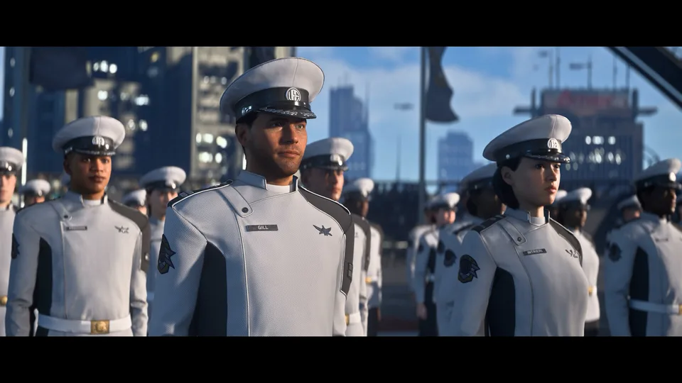 UEE Navy cadets in white dress uniforms standing in formation, from the Squadron 42 The Oath trailer