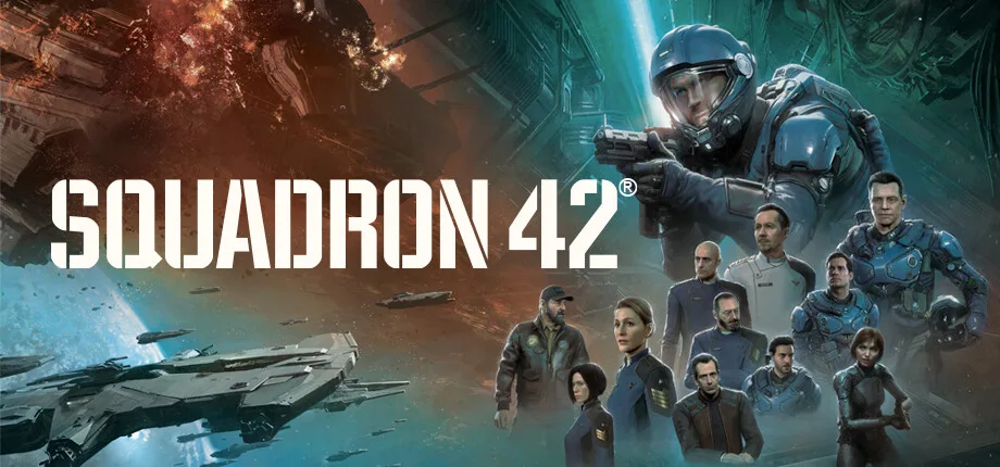 Squadron 42 key art banner with an armoured pilot and the UEE Navy crew