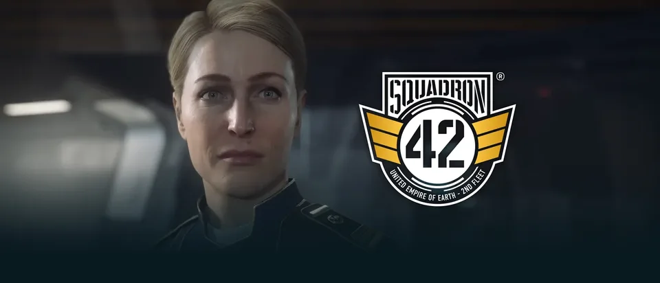 Squadron 42 pilot in uniform beside the 42nd Squadron badge of the United Empire of Earth